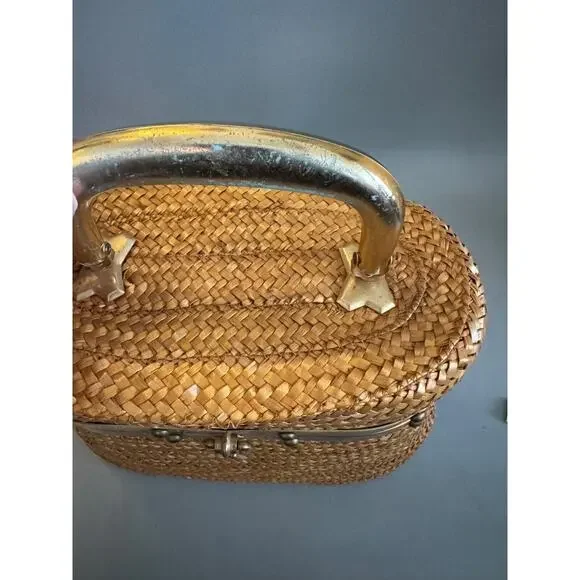 Vtg Straw Purse Oval Box Handbag Fabric Lined 1950s/ 1960s Italy - Read Details - Picture 5 of 15